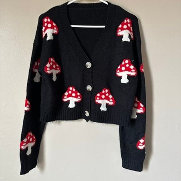 None and/or Unknown Sweaters - Mushroom Cardigan Sweater Womens SMALL Cottagecore Fairy Cropped Black Goblin